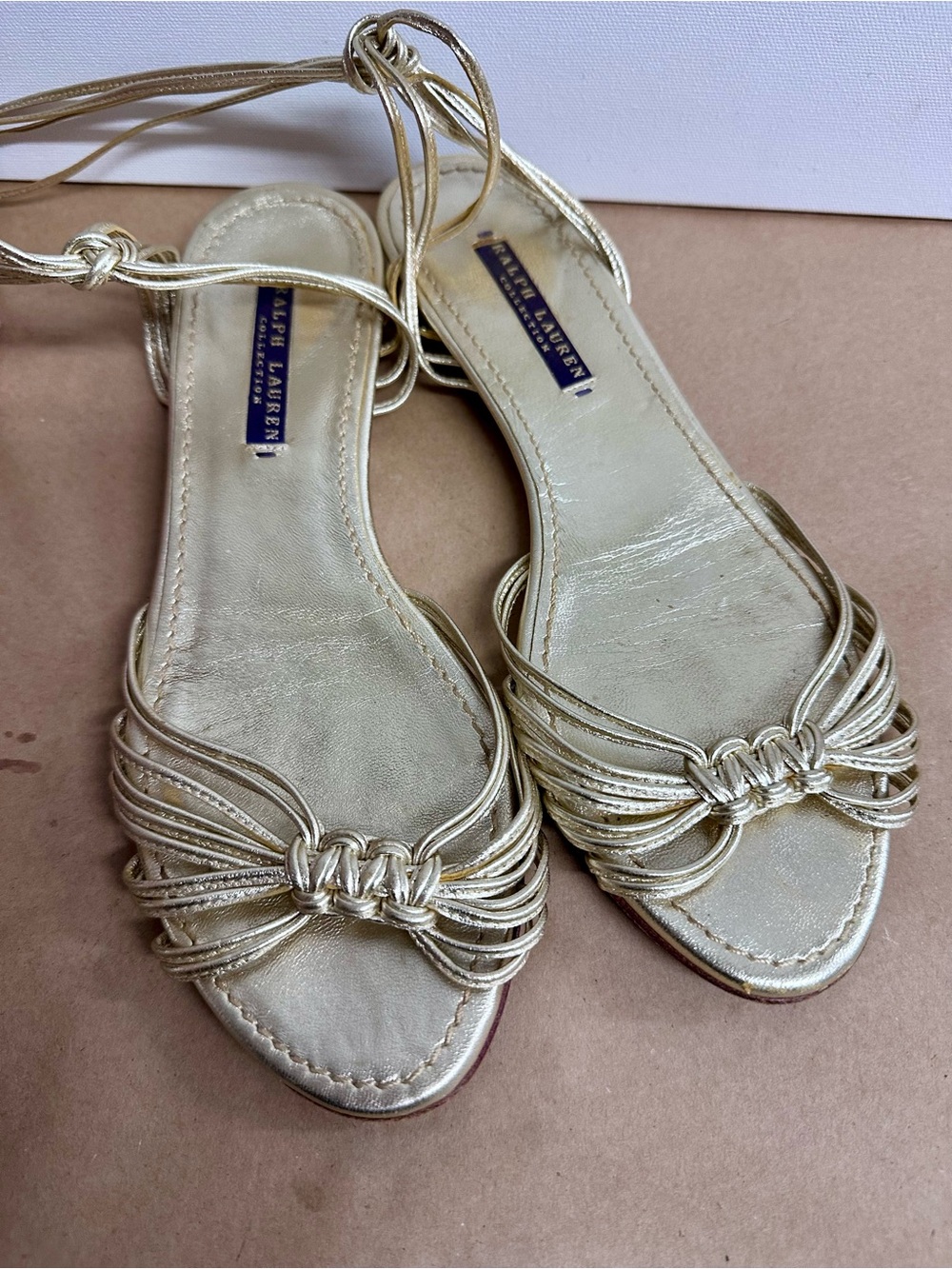 Ralph Lauren Purple Label Metallic Gold Lace-Up Braided Sandals